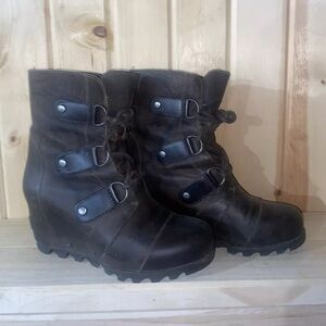 Women's Sorel Joan Of Arctic Wedge Mid Brown Leather Waterproof Booties Size 6.5